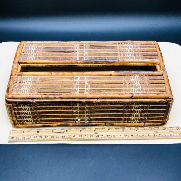 60s Burnt Tortoiseshell Bamboo Tissue Box Cover Midcentury Tiki Boho Bathroom - Picture 7 of 10